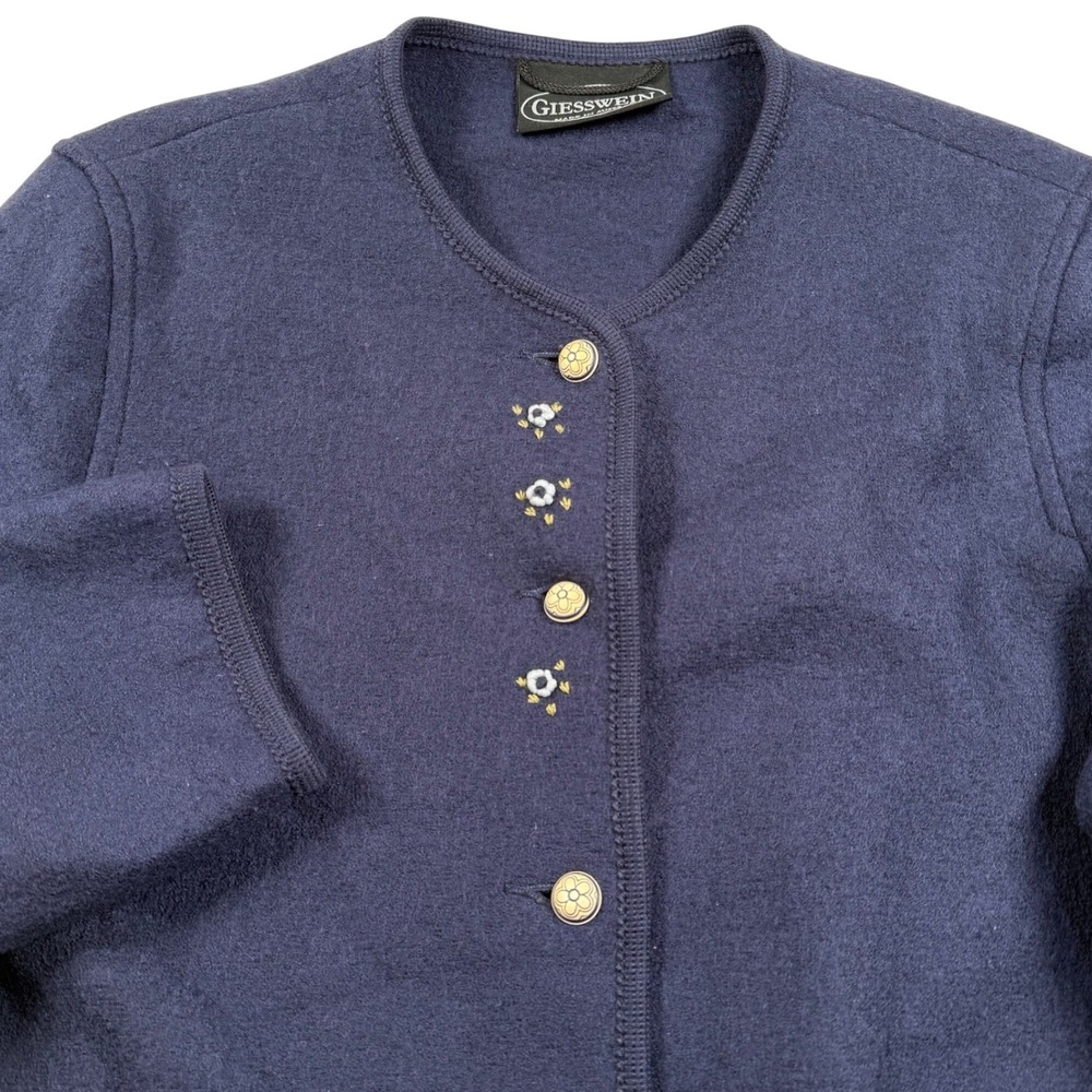 Giesswein Wool Jacket Womens 42 XL Navy Blue Floral Embroidered Vintage Austria